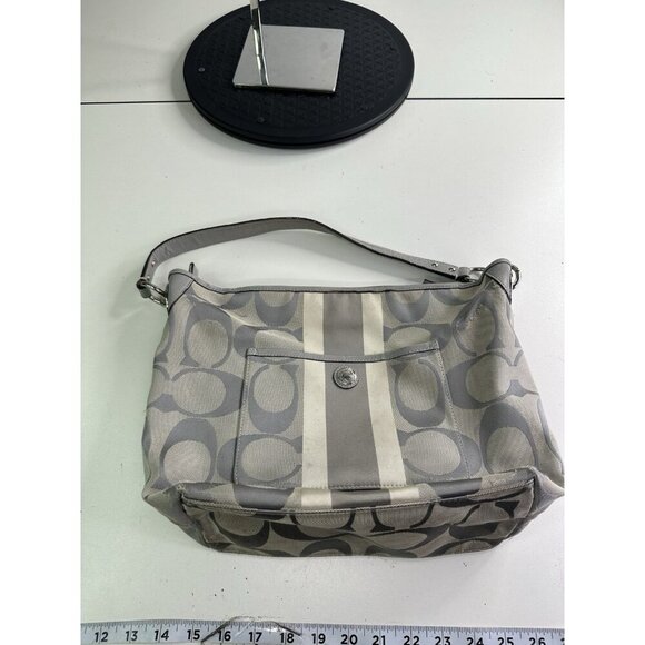 DAMAGED Coach Signature C Monogram Medium Tote Gray White Stripe Down Middle - Picture 4 of 15